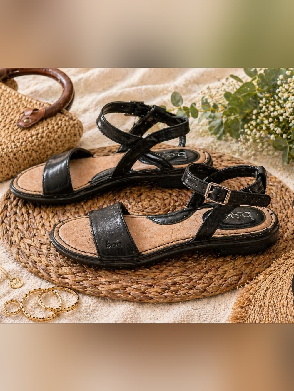 b.o.c. Black Leather Ankle Strap Sandals Sz 8